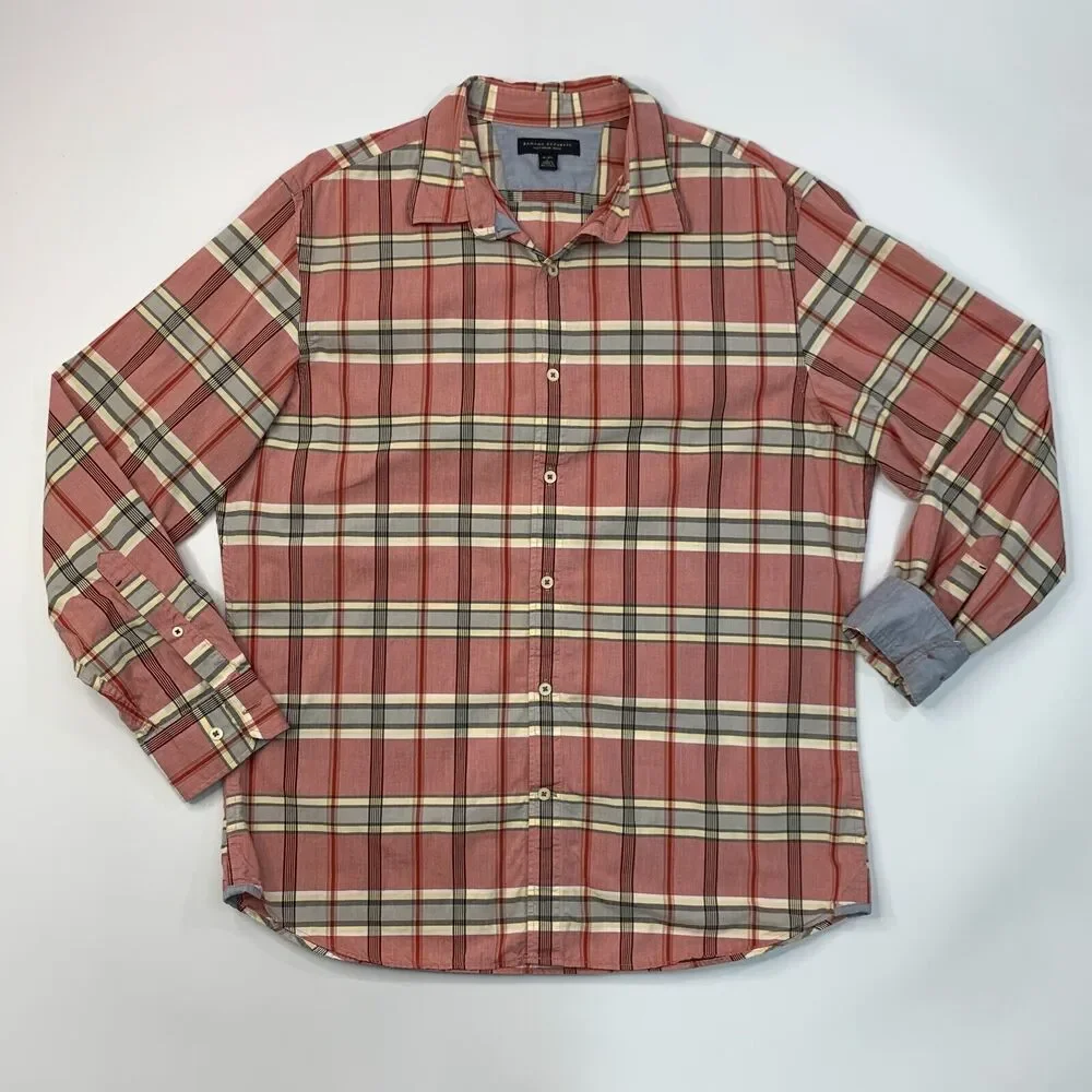 Banana Republic Soft Wash Shirt Men L Large Red Plaid Flip Cuff Cotton Button Up